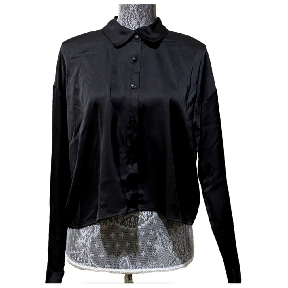 And Now This Urban Outfitters Black Satin Blouse Womens S Button Collared Shirt